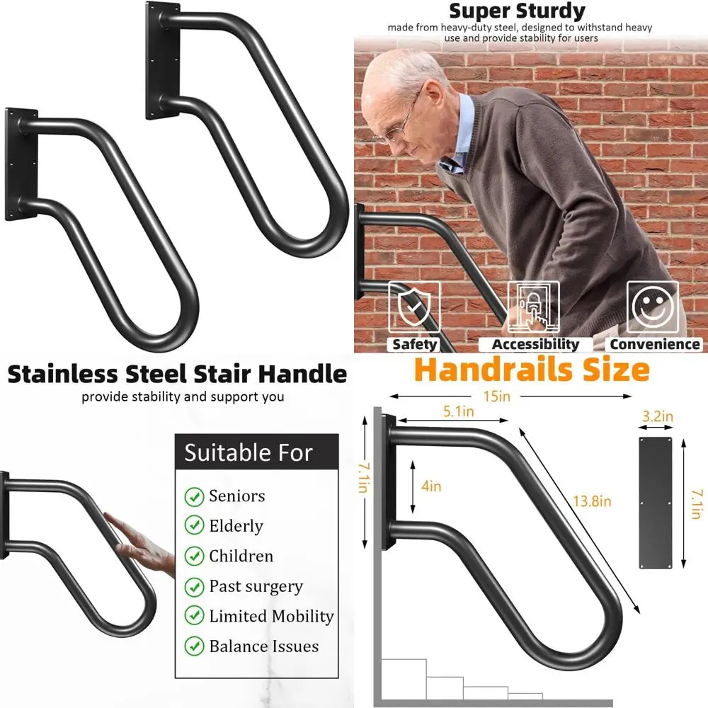 مقبض أمان للدرج مثبت على الحائط على شكل حرف U معدني غير قابل للانزلاق للفناء والجراج والشرفة والحديقة مع طلاء مسحوق #1