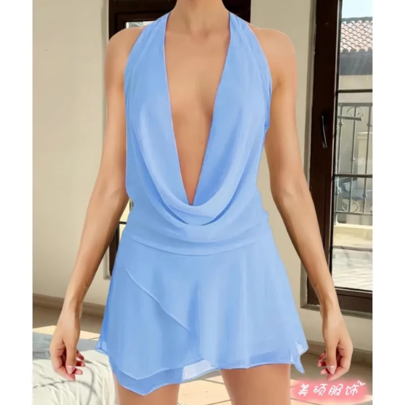 여성 여름 미니 드레스 패션 솔리드 민소매 섹시 백리스 로우 체스트 V넥 홀터 드레스 캐주얼 스트리트웨어 여성 베스티도스