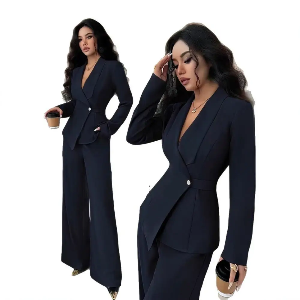 Chic Office Lady Blazer And Wide Leg Pants Set Fashion Casual Spring Autumn Elegant Solid Color Long Sleeve Work Outfits