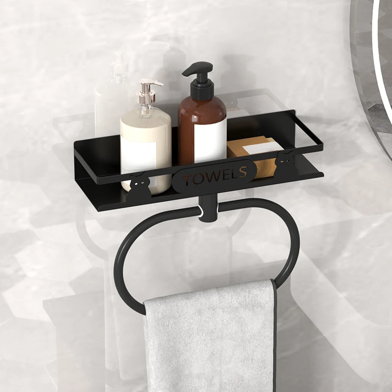 Bathroom Non Perforated Wall Mounted Towel Ring Storage Rack, Integrating Multifunctional Towel and Toiletries Storage Space