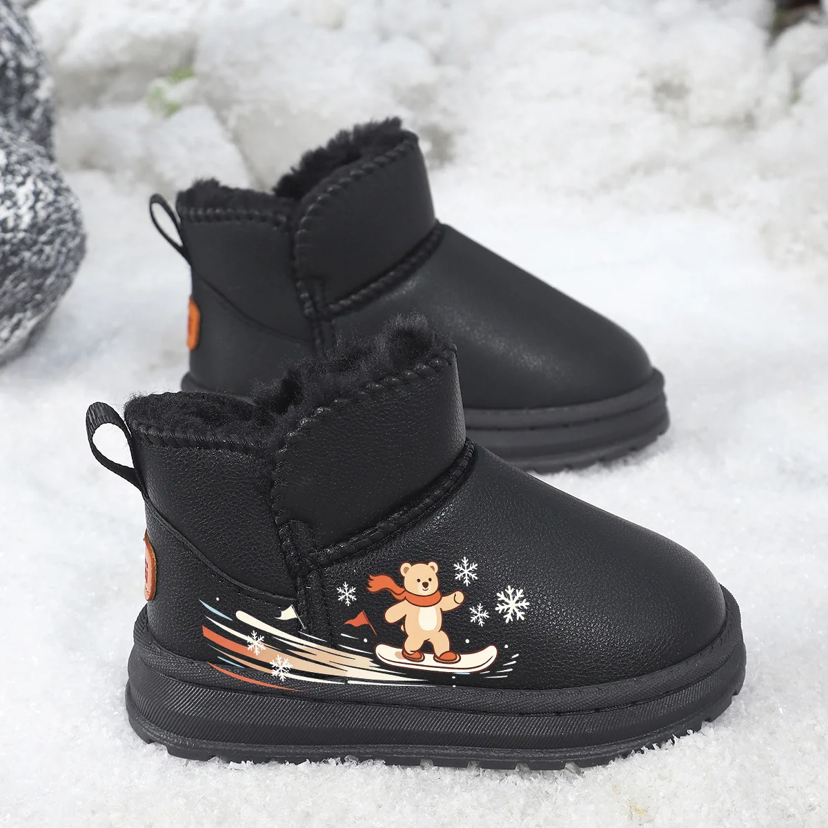 Boys Girls Ankle Boots Warm Plush Cute Bear Children Snow Boots Round Toes Non-slip 2026 Winter New Kids Short Boots Trendy