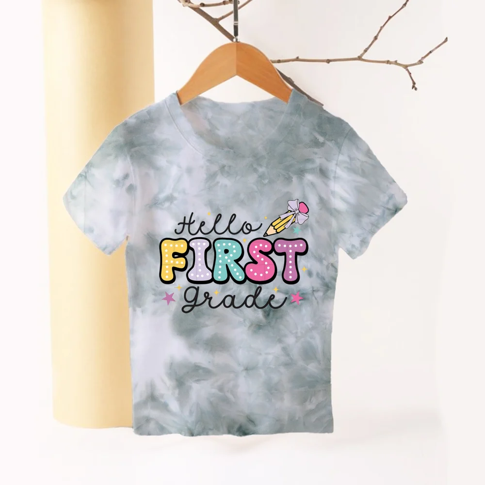 Hello First Grade Children's Tie Dye T-shirt Bow Pencil Print Tie-dye Kindergarten Tee Boys Girls Back To School Shirts