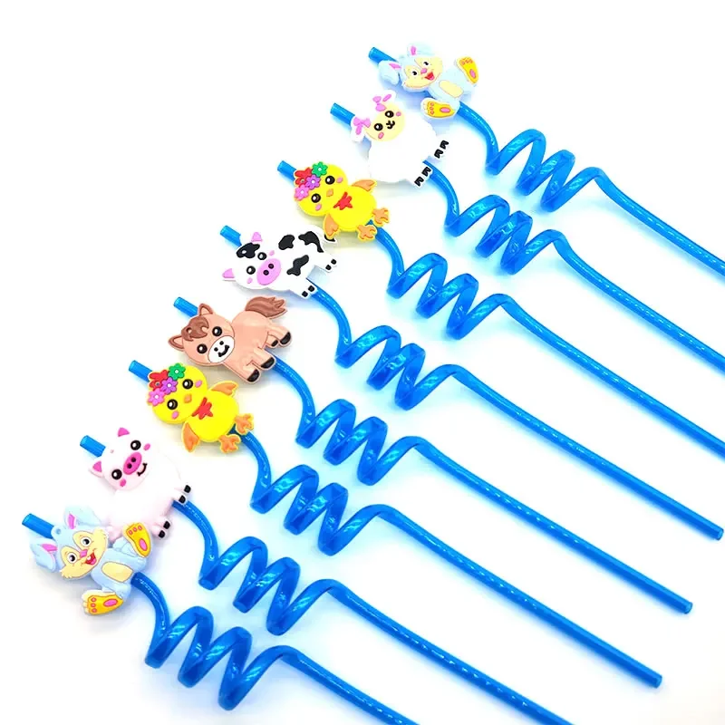 8pcs 26cm Reusable Farm Animal Straws Farm Cartoon Cow Theme Kids Birthday Party Decoration Plastic Spiral Drinking Straw