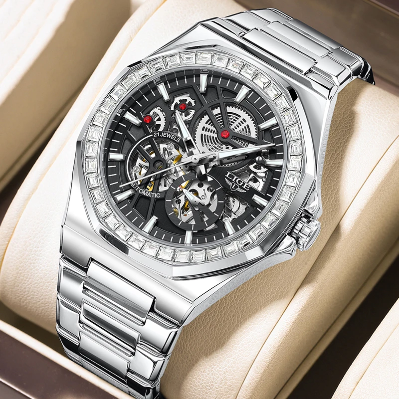 2026 LIGE جديد ساعة رجالية موضة الهيكل العظمي مقاوم للماء ساعة مضيئة الرجال الرياضة في الهواء الطلق التلقائي ساعات المعصم الميكانيكية للرجال