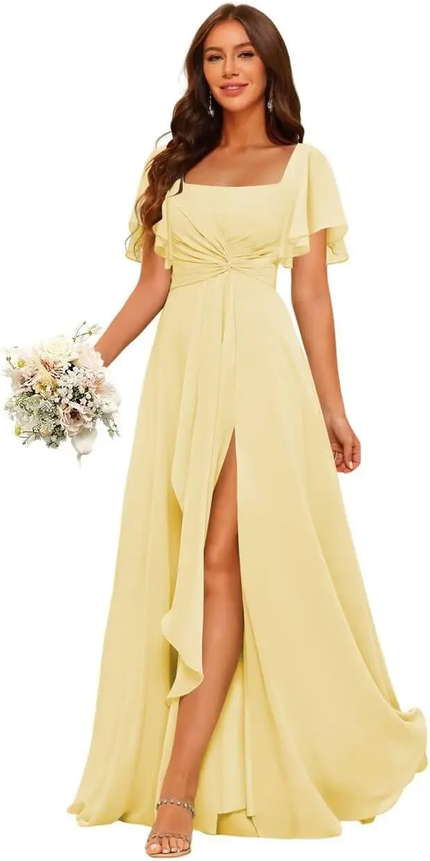 فستان وصيفة العروس شيفون نسائي مع جيوب 2025 بأكمام قصيرة مطوي ألين فساتين سهرة رسمية مع شق