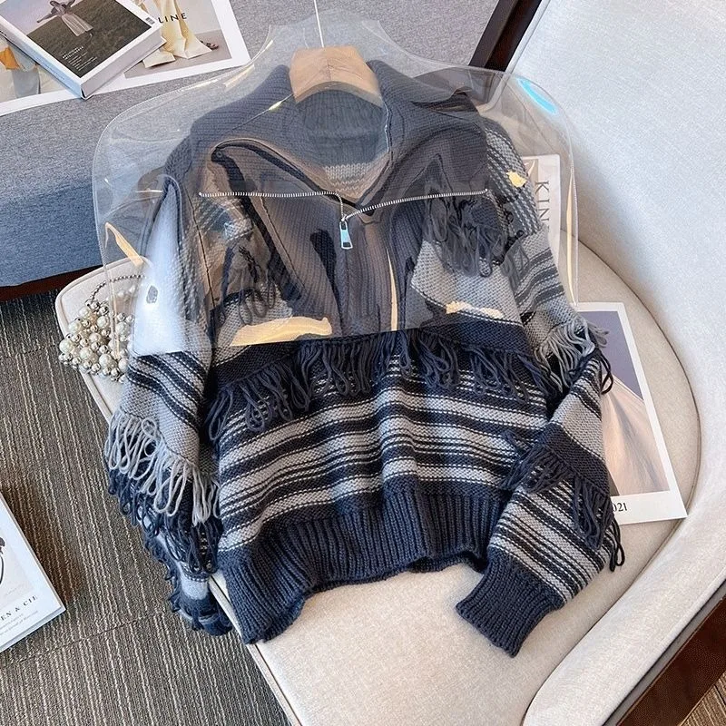 

Women's Autumn Winter Tops Sweater Knit Striped Collar Tassel Short Vintage Simple Comfortable Loose Casual Soft Niche Versatile
