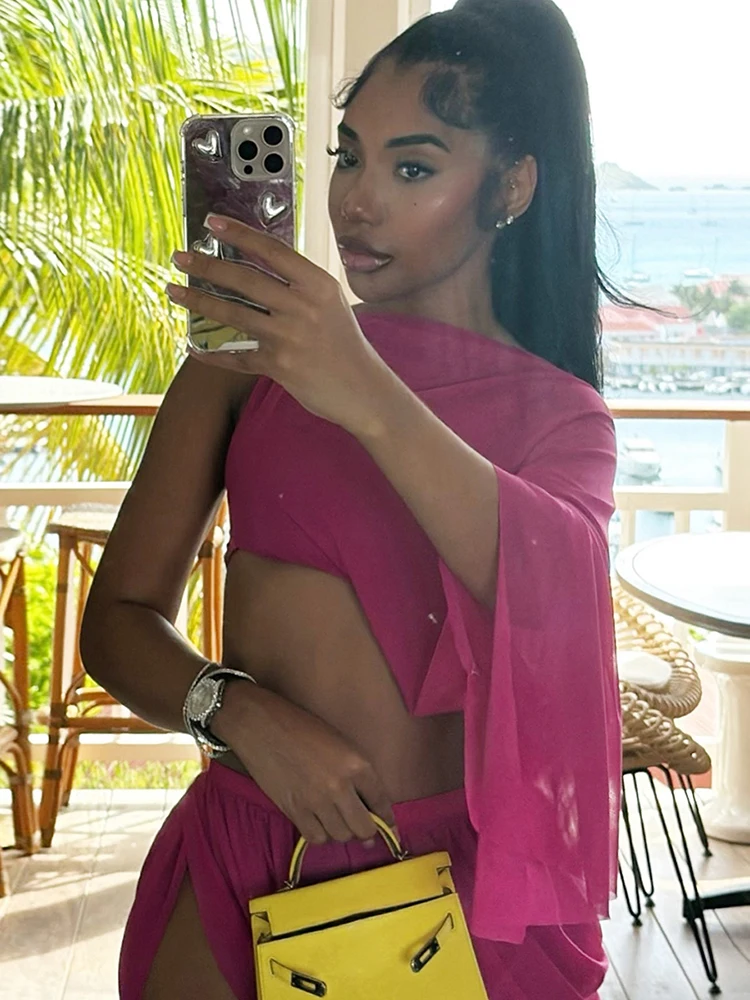 

Insglas сексуальный сетчатый свисающий складной женский комплект из 2 предметов с горячим разрезом на шее и лентами, майки с одним рукавом + нерегулярная мини-юбка, летний костюм