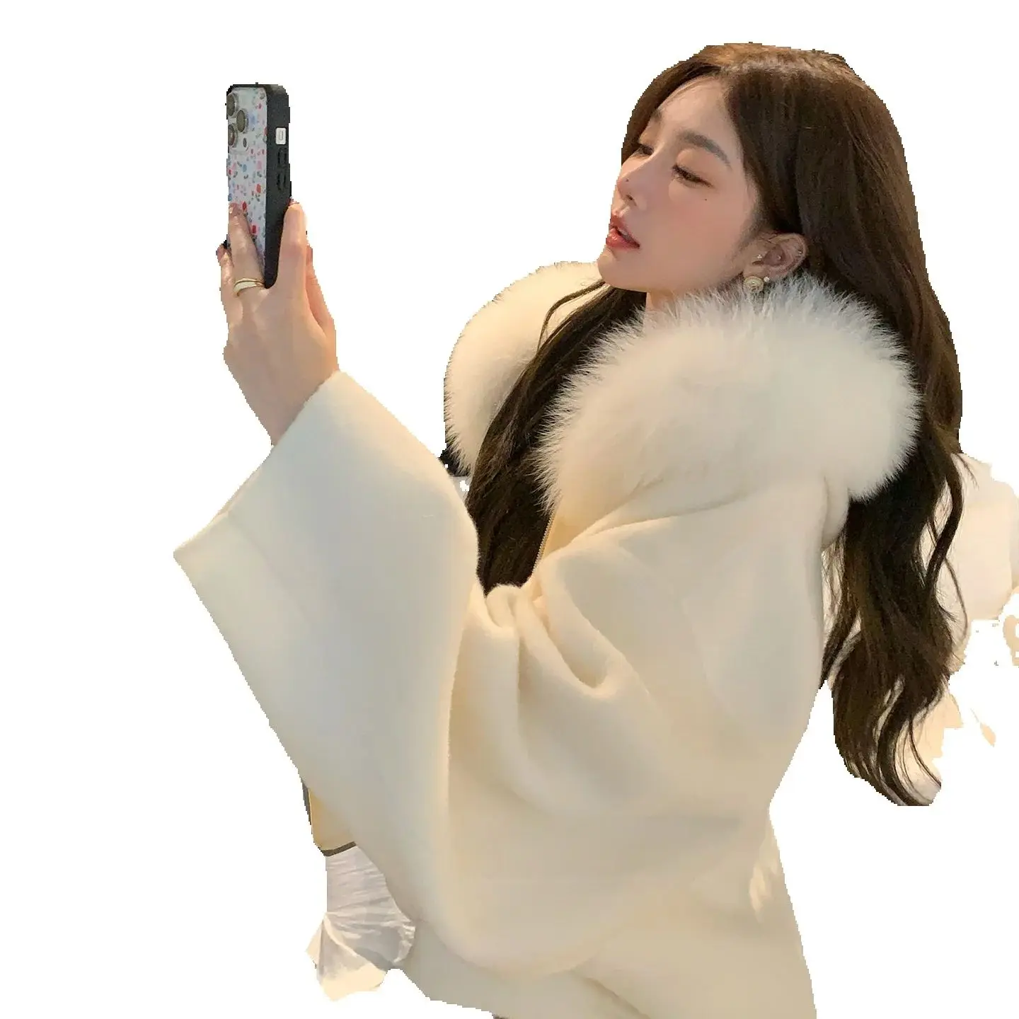 Lazy Style 2025 New double-sided cashmere coat with hat 100 Wool woolen fox fur cape coat for women