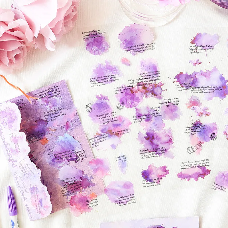 Journamm 6sheets PET Watercolor Smudge English Stickers DIY Diary Decoration Sticker Album Scrapbooking Junk Journal Stickers