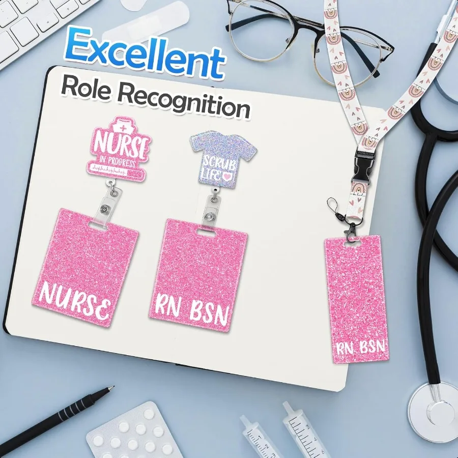 Porta carte di grandi dimensioni RN BSN Badge Buddy XL Bachelor of Science infermiera infermieristica Accessori Glitter Pink ID orizzontale Identifica