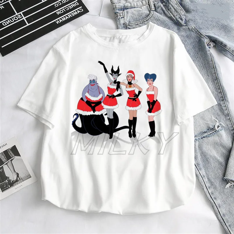 2025 Merry Chriatmas Woman Clothing Christmas Villains Print Short Sleeve White Woman T-shirts Fashion Female New Year Tee Shirt