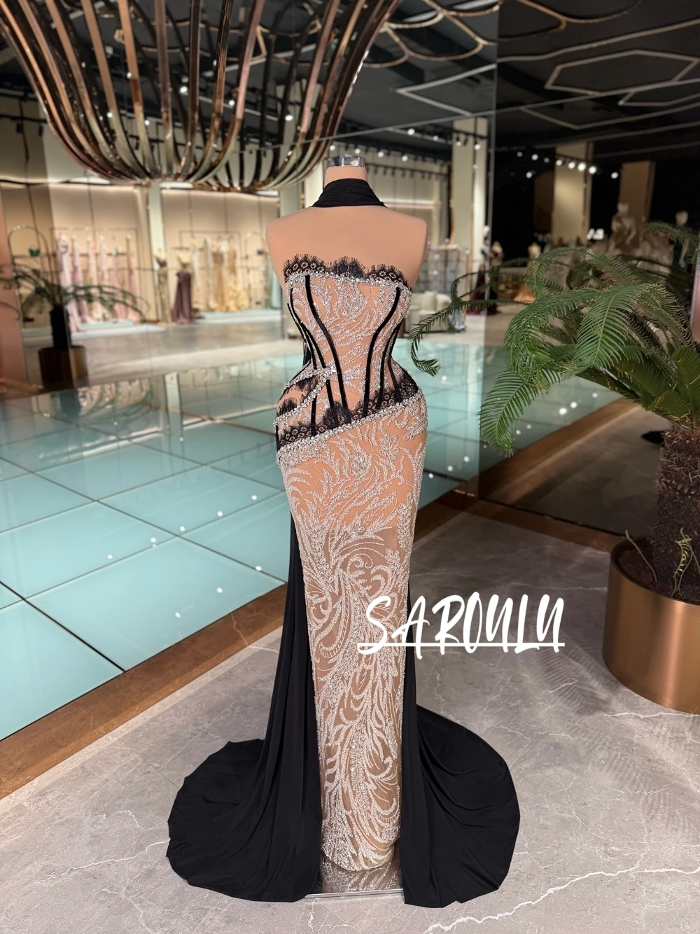 

Sheer Mesh Beaded Embroidery Mermaid Evening Dress Bodycon Fitted Glam Lace Prom Gown Formal Party Cocktail Wear Customized