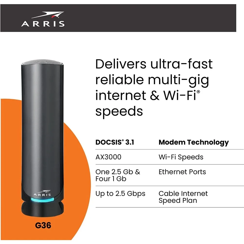 Surfboard G36-RB DOCSIS 3.1 Multi-Gigabit Cable Modem & AX3000 Wi-Fi Router, Comcast Xfinity, Cox, Spectrum, Four 2.5 Gbps