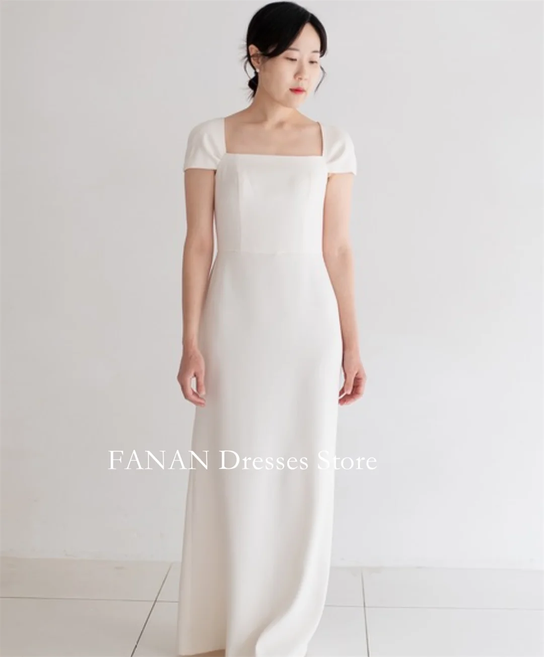 

FANAN Korea Square Neck Short Sleeves Wedding Dresses 웨딩드레스 Ivory Vintage A-Line Zipped Satin Custom Made Bride Gowns Plus Size