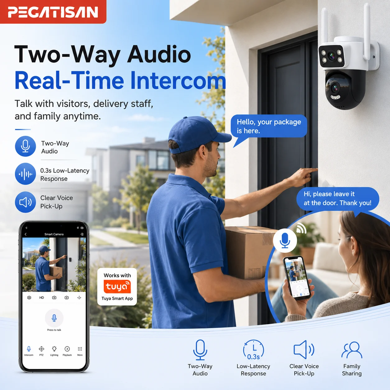 Câmera PTZ Externa PEGATISAN 4K Tuya Wifi com Rastreamento Automático por IA, 8MP HD Wi-Fi IP CCTV, Tela Dupla, Áudio Bidirecional, Suporte ONVIF
