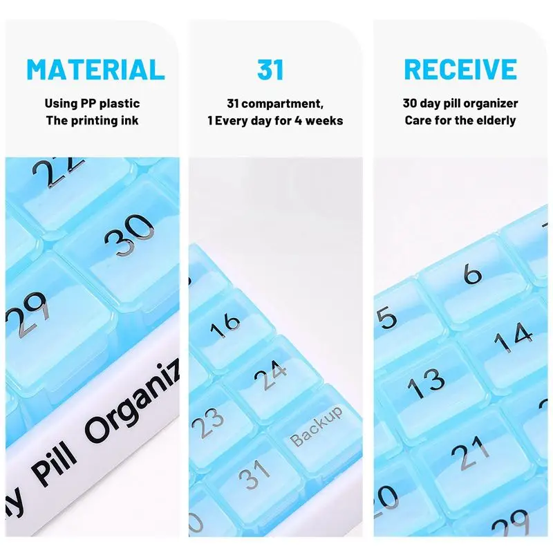 Beauty Monthly Pill Organizer 31 Compartments, 1 Per Day, 4 Week Full Month 31 Day Pill Organizer,Blue