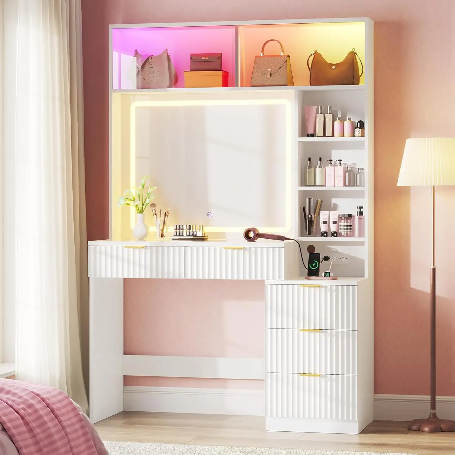 i*-Fluted Vanity Desk with Mirror, Sync Music LED Lights, Power Outlet, Wooden Makeup Vanitys with Glass Cabinet,, Customized