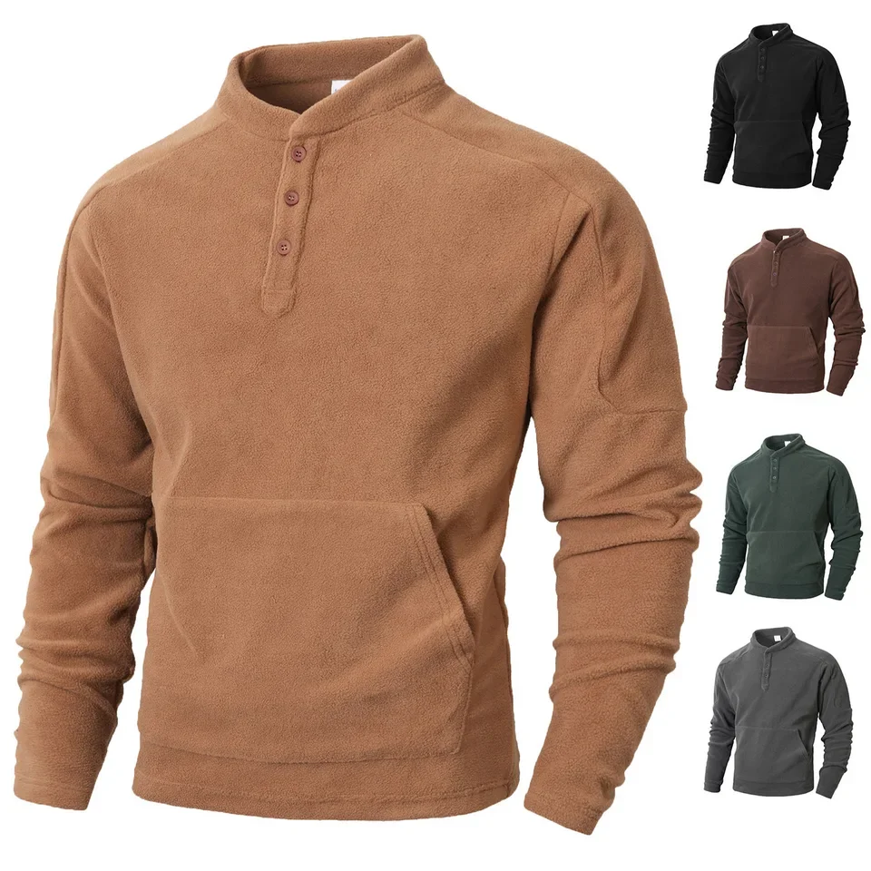 Autumn Winter New Fashion Men's Solid Color Stand Collar Long Sleeve Button Casual Trendy Simple Basic Pullover Sweatshirts Male