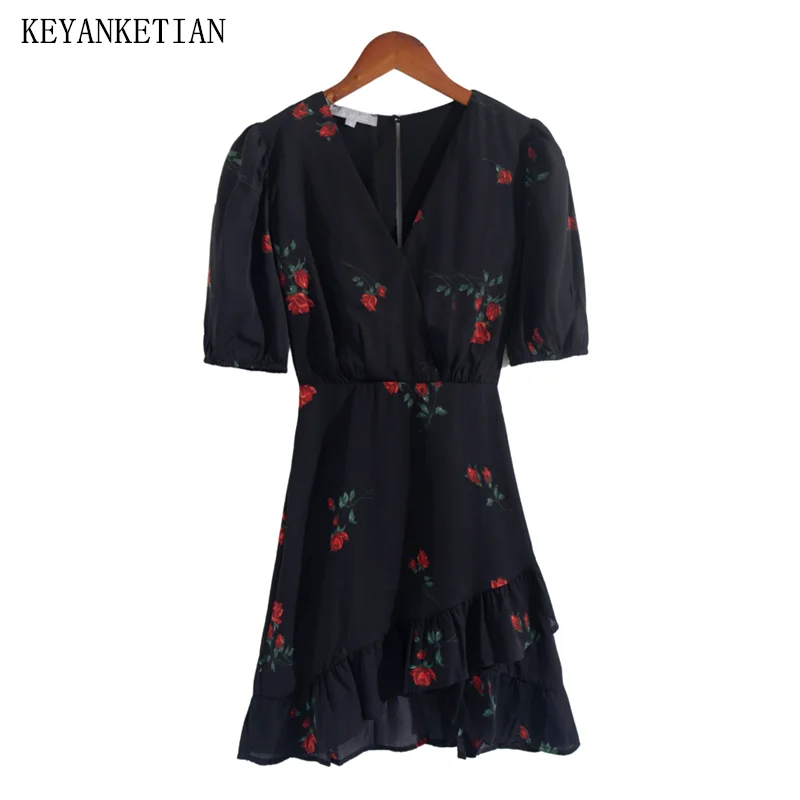 

KEYANKETIAN 2024 New Launch Women's Fresh Flower Print Irregular Tiered Ruffles Slim Short Mini Dress Summer Short Sleeve Dress