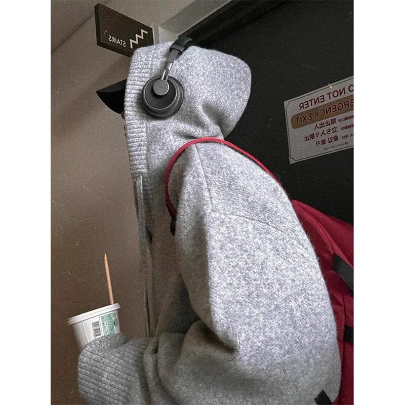 Hoodies Men's Grey Hooded Knit Sweater Autumn Winter Korean Inspired Lazy Vibe Retro Cleanfit Woolen Jacket Coat