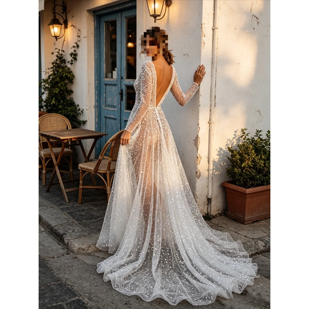 Customized Long Sleeved Sequined Chiffon Mermaid Wedding Dress 2026 Deep V Phantom Bridal Dress Bohemian Style Beach Bridal Gown