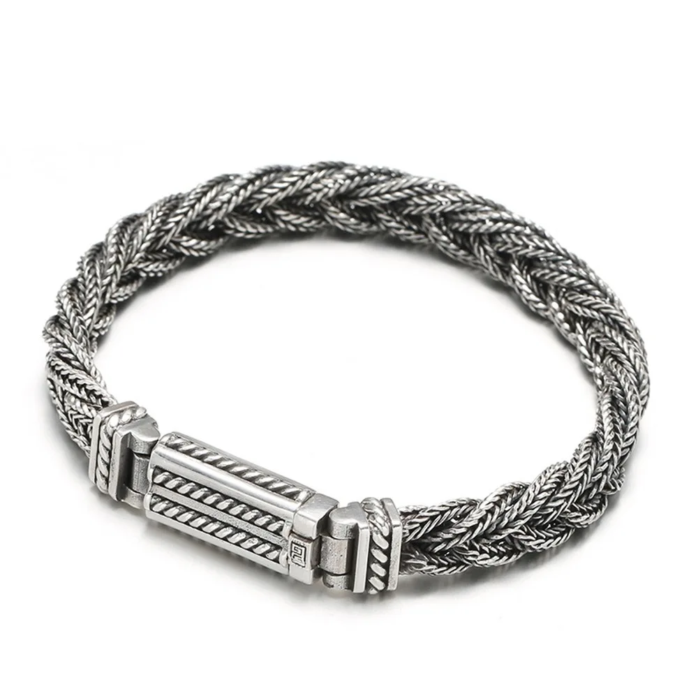 

Real Solid 925 Sterling Silver Chain Men Lucky Foxtail Braided Twist Bracelet 36g/20cm