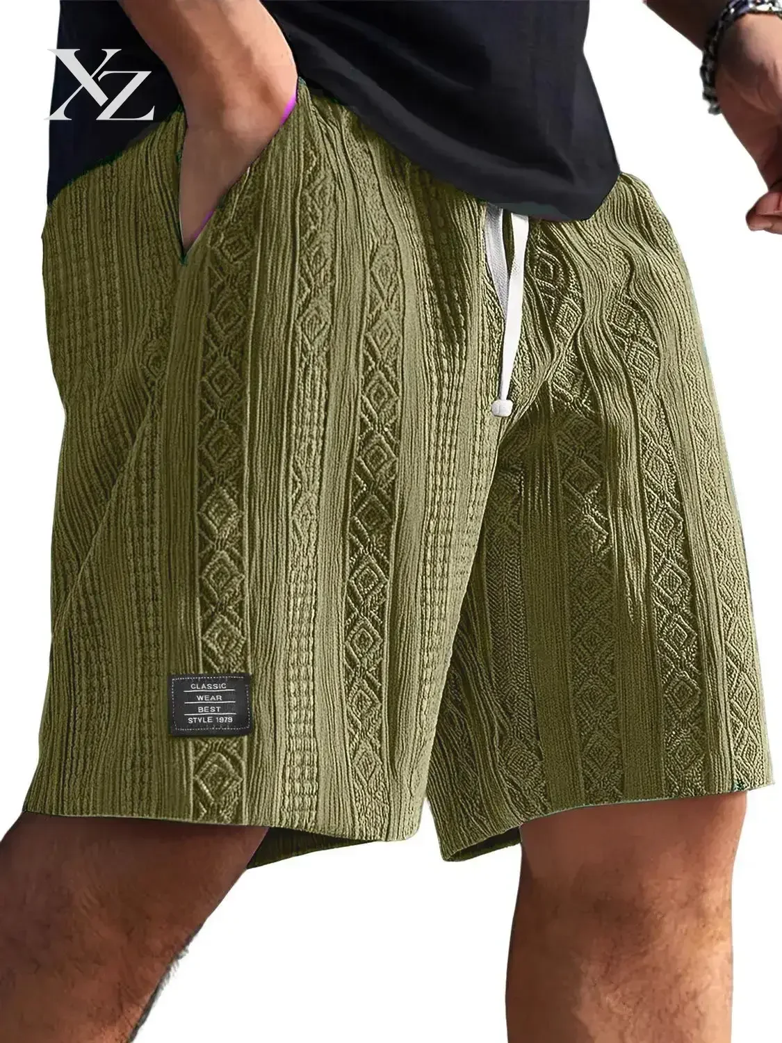 Hot Sale Men's Casual Textured Jacquard Knee-Length Shorts with Side Pockets, Drawstring Waist, Logo Patch- Summer Loose Fit