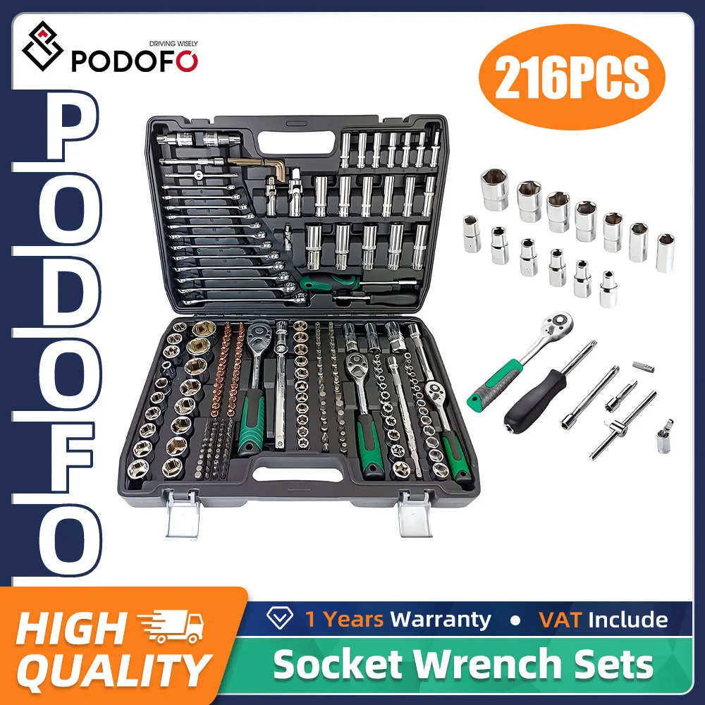 Podofo Kit d'outils de mécanique automobile 216 pièces, jeu de clés à douille avec cliquet à dégagement rapide 24 dents, entraînement 1/4" 3/8" 1/2", équipement complet de réparation pour voiture, moto, châssis, moteur, bricolage, garage, outils à main