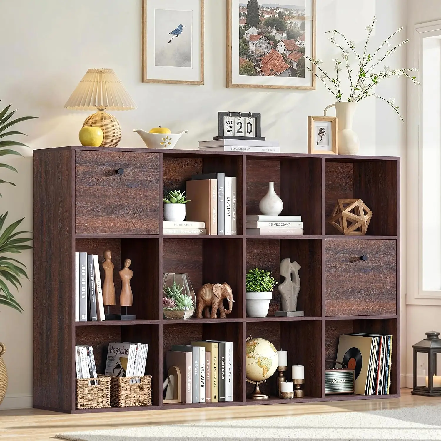 12 Cube Wooden Bookshelf With 2 Fabric Drawers Freestanding 3 Tier Shelf Bedroom Living Room Office 47