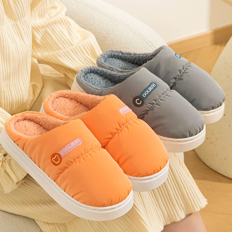 Winter Waterproof Cloth Indoor Mules Couple Non-slip Slides Warm Fluffy Slippers For Women Men Ladies Home Casual Cotton Shoes