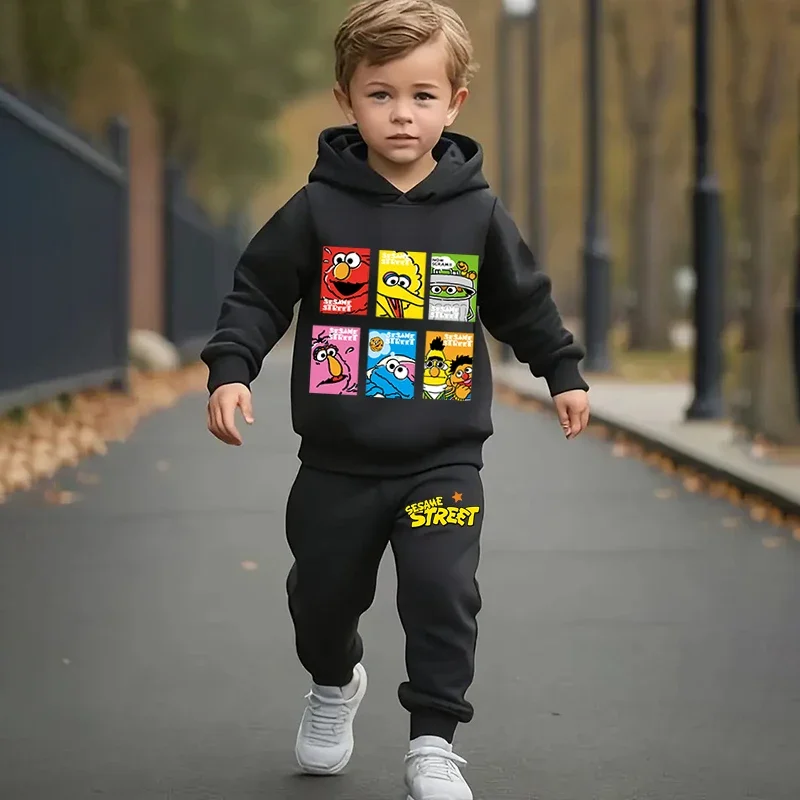 Sesame Street printed kids hoodie set autumn and winter plus fleece sweatshirt pants 2-piece set for boys and girls