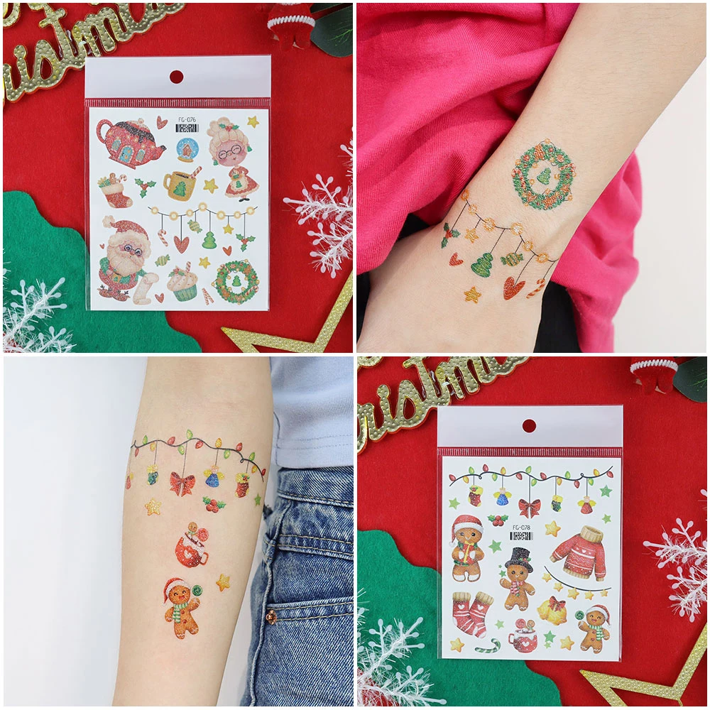 VeeCharm-pegatinas de tatuaje de Navidad con purpurina, Papá Noel, Reno, muñeco de nieve, medias y más Calcomanías de vacaciones divertidas para niños, hoja de 1/12