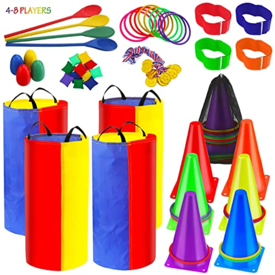 

53 Pieces Outdoor Lawn Game Carnival Toss Set Potato Sack Race Bags Egg and Spoon Race Party Ring Bean Bag Tossing Cones Prizes