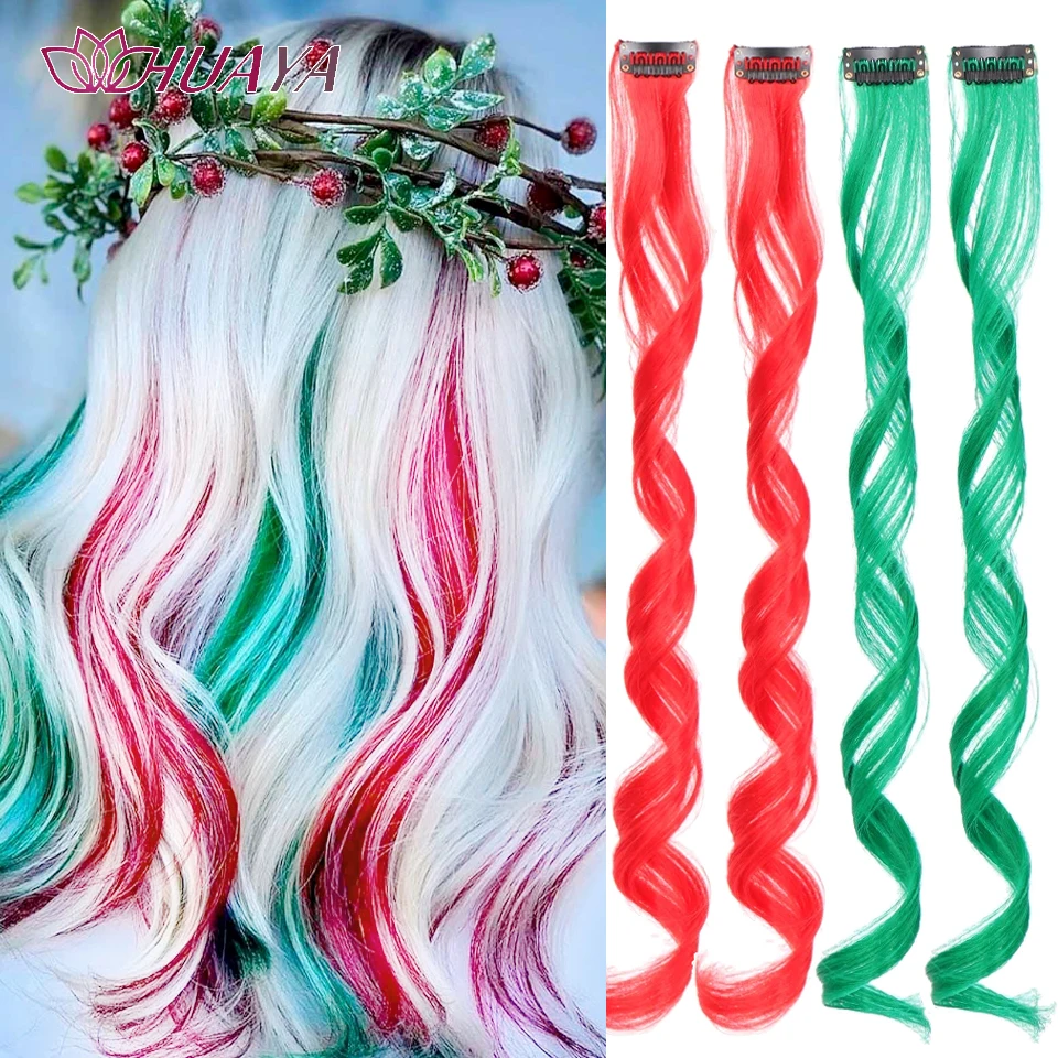 

HUAYA 5Pcs Curly Colored Clip in Hair Extensions Party Multi-Colors Wavy Clip in Hairpiece Synthetic for Christmas Party Favor