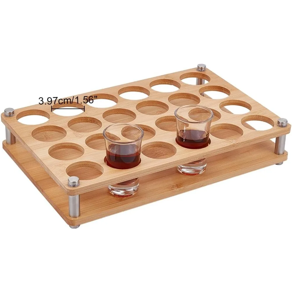 

24-Hole Bamboo Wine Glass Organizer Holder, Rectangle Serving Tray Rack Shot Glass Serving Trays Beer Wine Glass Display