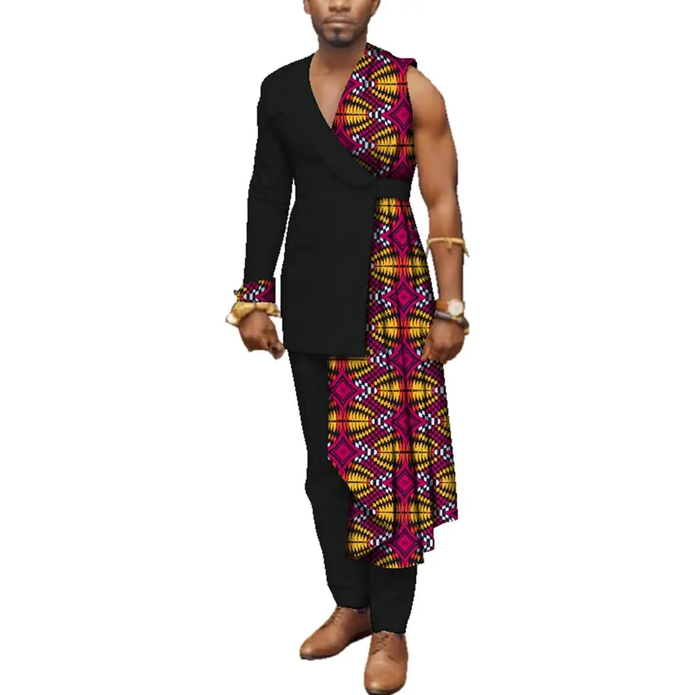 Men Bazin Riche Patchwork One-Shoulder Top and Pants Cotton 2 Pieces Pants Sets Special Custom Mens African Clothing WYN497