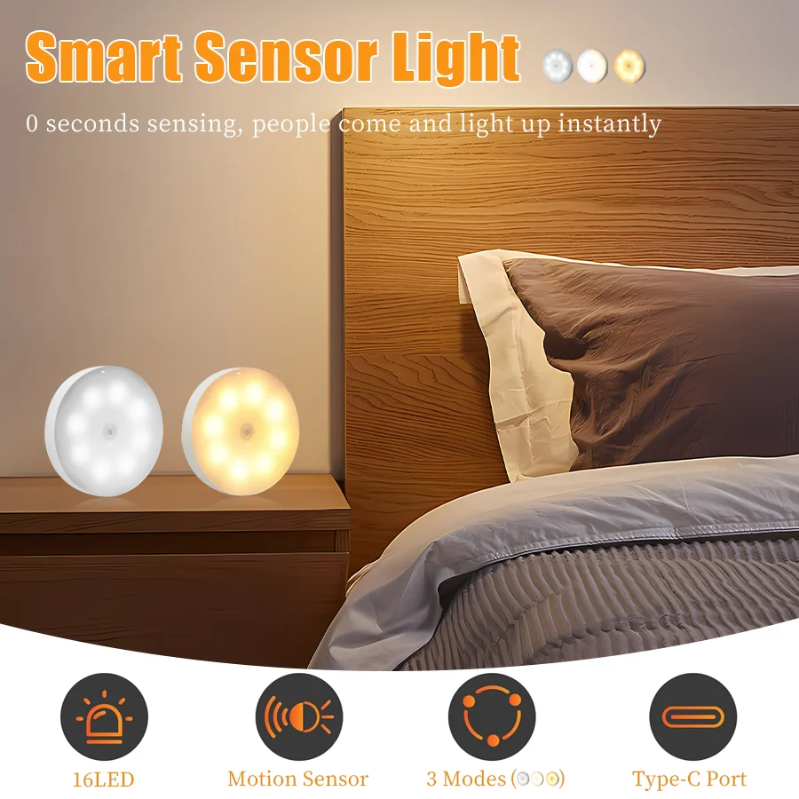 

3pcs Night Light Magnetic Step Light, Indoor USB Rechargeable Smart Motion Sensor Light, 120° Wide Sensing Range, with Charging