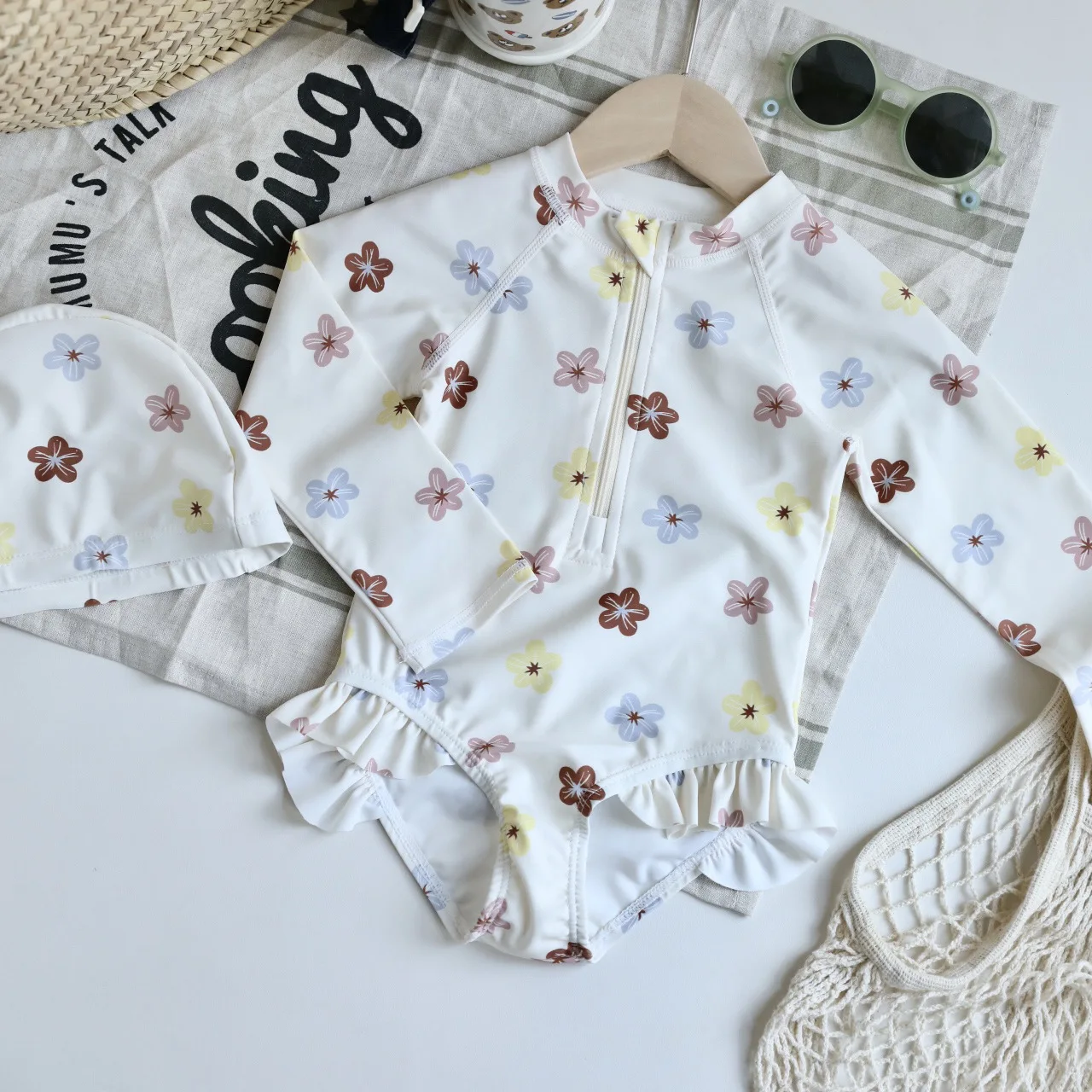 1-7T Toddler Kid Girls Swimwear Summer Clothes Set Print Long Sleeve Swim Bodysuit Sun Protection Quick-dry Swimsuit 4
