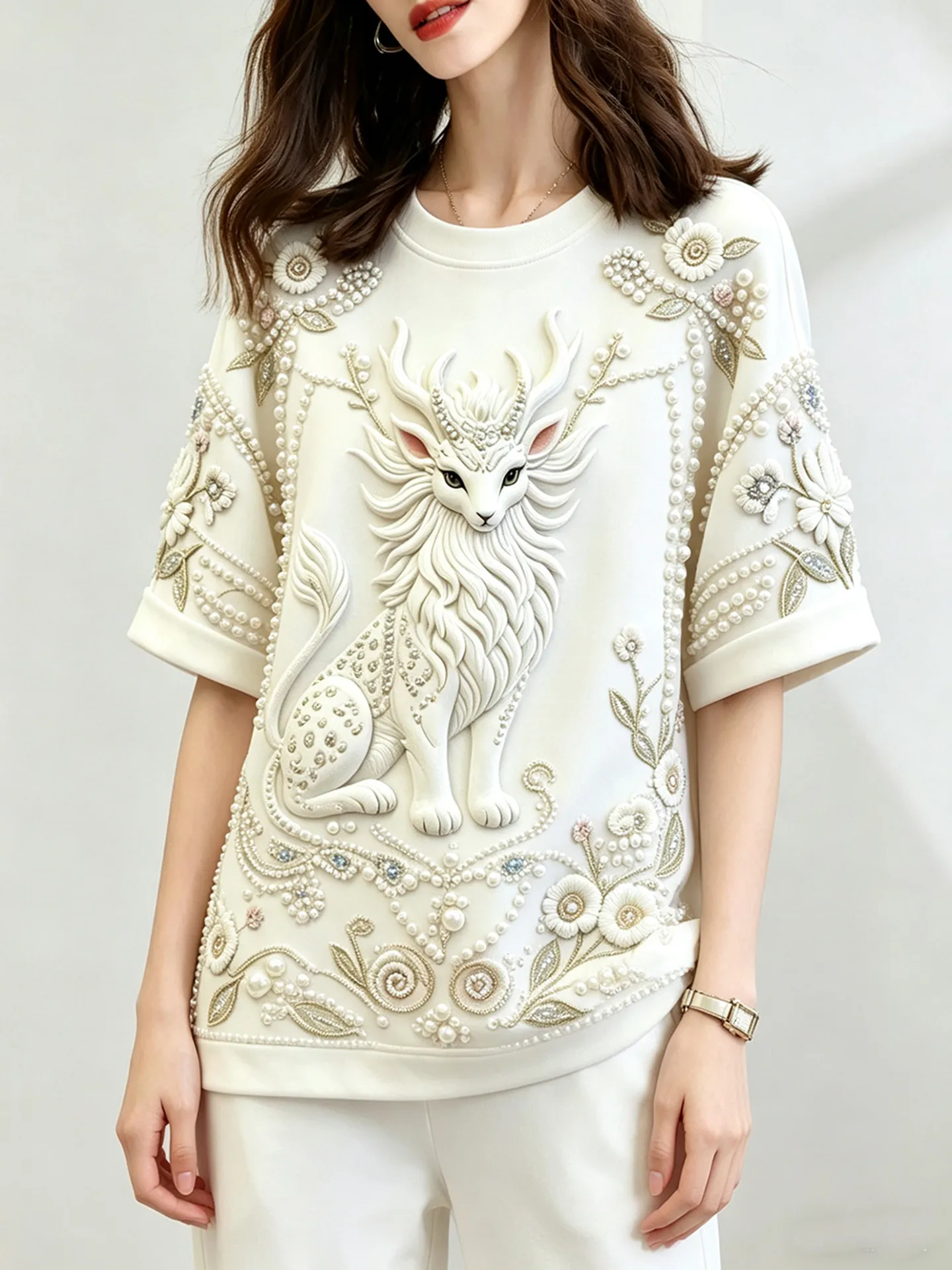 High Quality Large Size Spring Summer Loose Women T-shirt Diamonds Beads Round Neck Pullover Top All-match Half Sleeve T Shirts