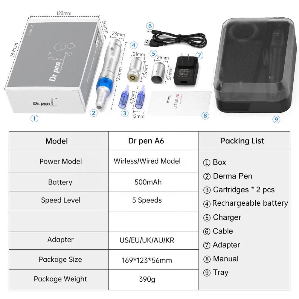 Dr pen A6 Microneedling Derma Stamp Micro Needle Dermapen Adjustable Mesotherapy Machine Microdermabrasion Skin Care Device