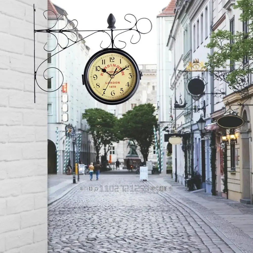 Outdoor Garden Wall Station Clock Double Sided Retro Quartz Watches Metal Iron Art Hanging Clocks for Garden Corridor Decoration