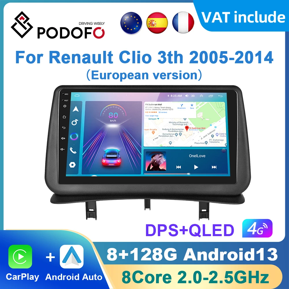 Podofo AI Voice Android Carplay Car Radio For Renault Clio 3th 2005-2014 Android Auto 4G Multimedia Navigation GPS autoradio DSP