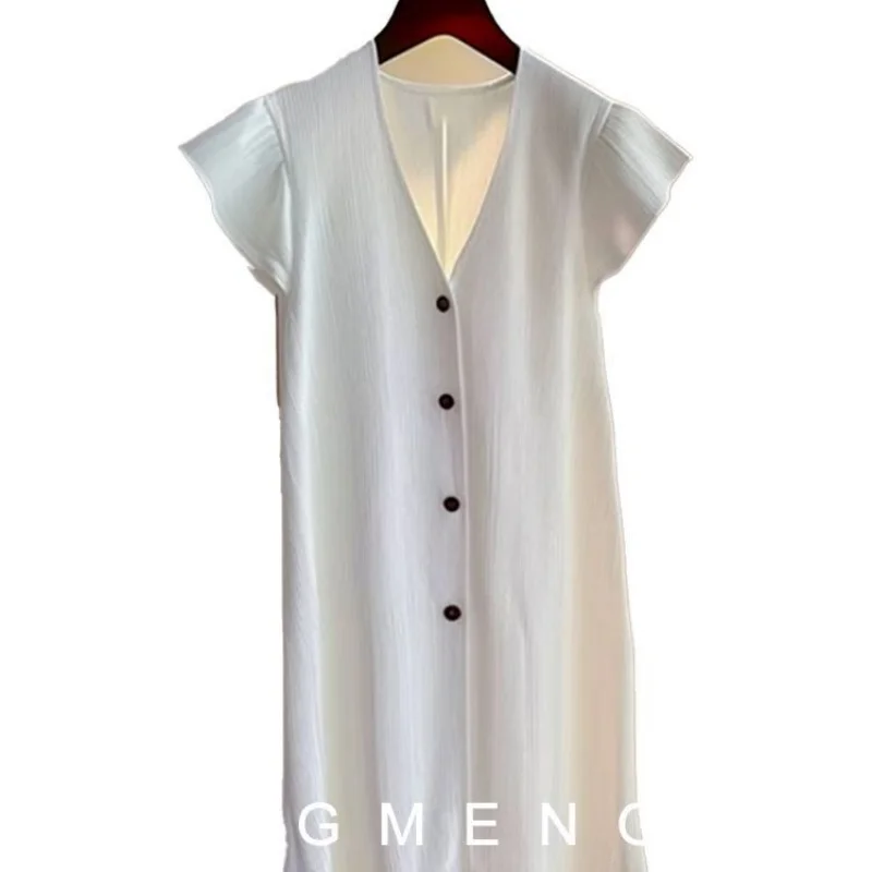 夏春白 V ネックドレス女性韓国ファッションフライングスリーブシングルブレストストレート Vestidos ルーズカジュアルミディドレス