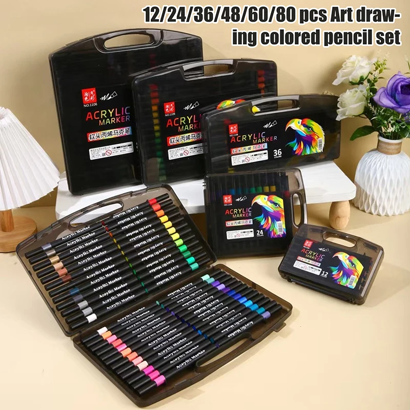 12 24 36 48 60 80 Colors Acrylic Marker Pens Set Soft Head Waterproof Opaque Graffiti Art Drawing