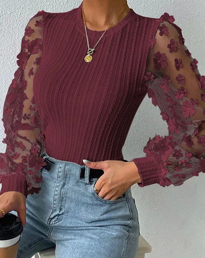 Top Women 2024 Spring Fashion Floral Pattern Sheer Mesh Cable Textured Casual O-Neck Long Sleeve Skinny Daily Semi-Sheer Tee Top