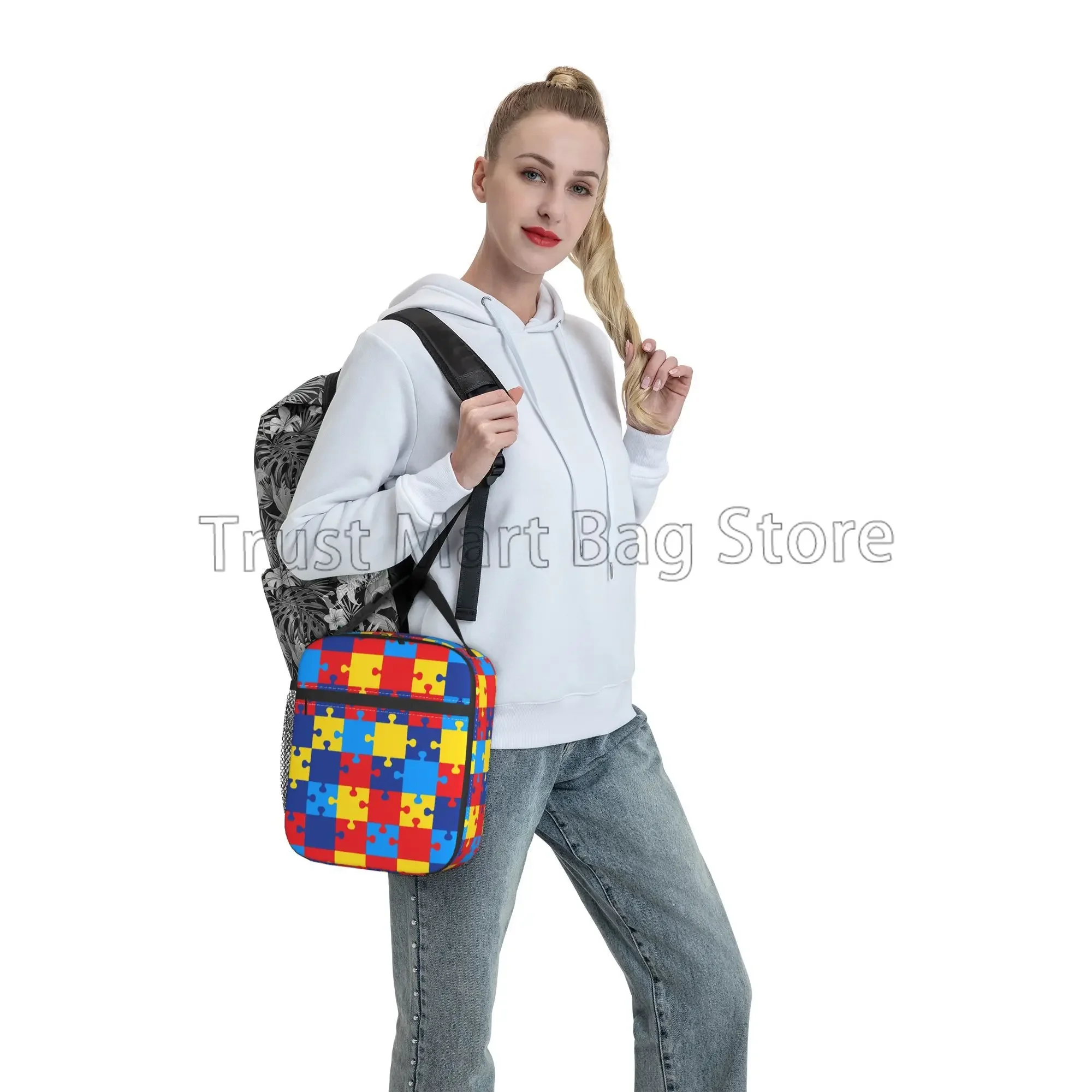 Autism Awareness Lunch Bags for Women Colorful Puzzle Piece Lunch Bag Water-resistant Thermal Bento Tote for Work Picnic Beach