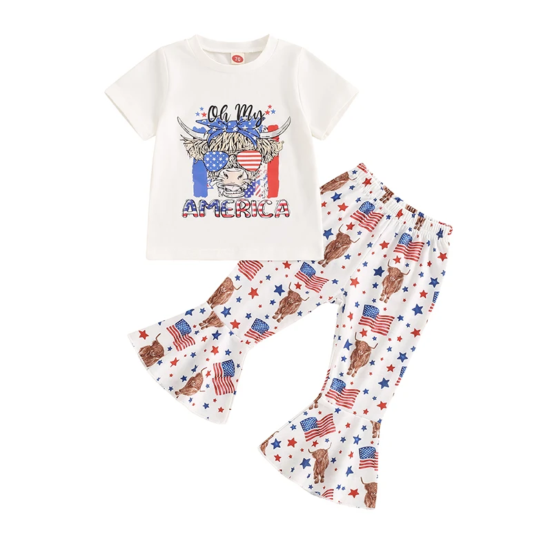 Baby Girls Summer Outfit Cow Head Print Short Sleeve T-shirt with Flag Print Flare Pants 4th of july clothing