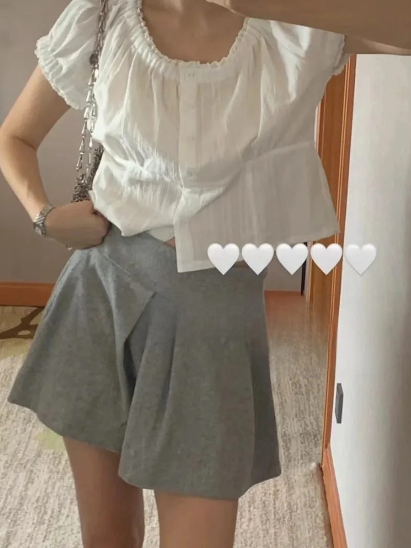 

Howus Summer Floral Lace Trim Slim Fit Short Sleeve Shirt High Waist Towel Material Half Skirt Women's Fashion Set