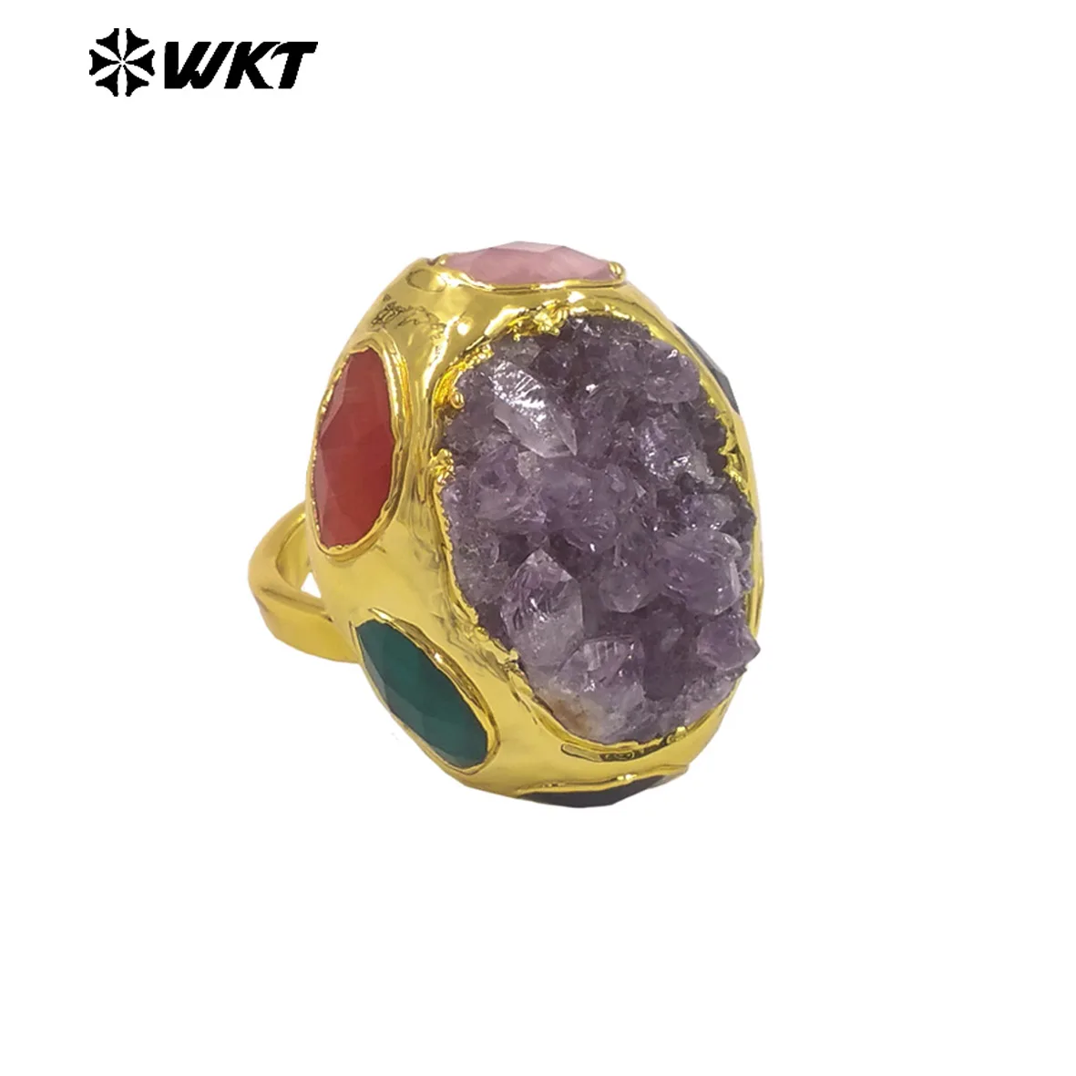 WT-R605 Exclusive Design 18K Gold Electroplated Natural Raw Amethyst And Stones Rings As Female Vintage Jewelry Accessory