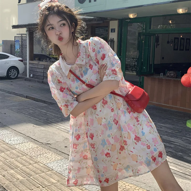 

Women's Casual Dress, Floral Print Dress, Lace Button Design, 2025